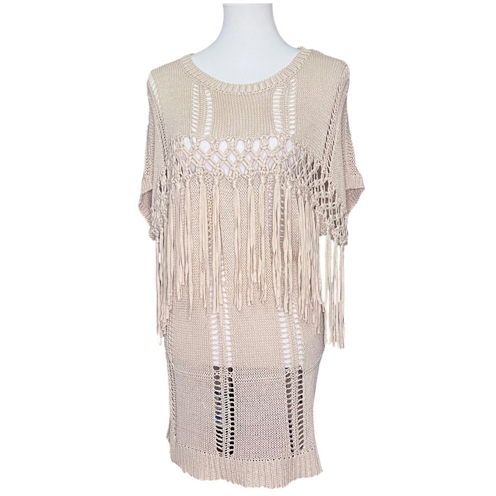 Oat‎ Beige Gold Fringe Open Knit Crochet Selfie Couture Resort Cover Up Top XS/S